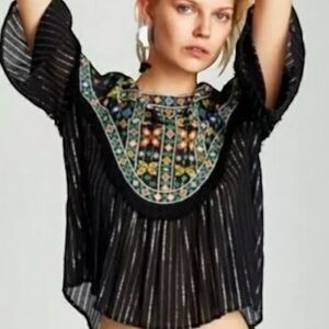 ZARA Embroidered Black & Gold boho pullover style flowy with bell sleeves SZ XS